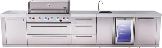 Mont Alpi Premium 157"W x 23"D x 46"H Stainless Steel Outdoor Kitchen Island with Refrigerator + Faucet and Sink Combo + 44"W 6-Burner BBQ Gas Grill + Granite Countertops + Storage Drawers + Cabinets