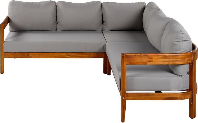 VilroCaz Outdoor Patio Furniture Set, L-Shaped Acacia Wood Sectional Sofa with 6 Soft Seat Cushions and Backpack, All-Weather Conversation Set with Arc Frame for Garden Backyard Porch (Grey-3.19)