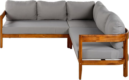 VilroCaz Outdoor Patio Furniture Set, L-Shaped Acacia Wood Sectional Sofa with 6 Soft Seat Cushions and Backpack, All-Weather Conversation Set with Arc Frame for Garden Backyard Porch (Grey-3.19)