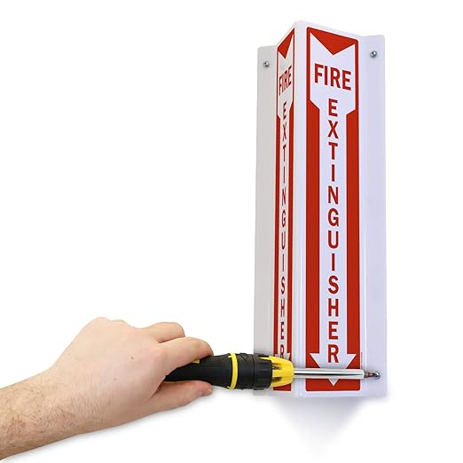 SmartSign "Fire Extinguisher" Two-Sided V-Shaped Projecting Sign with Down Arrow, 18 x 4 inch, 120 mil Polished Acrylic, Red/White, Made in USA