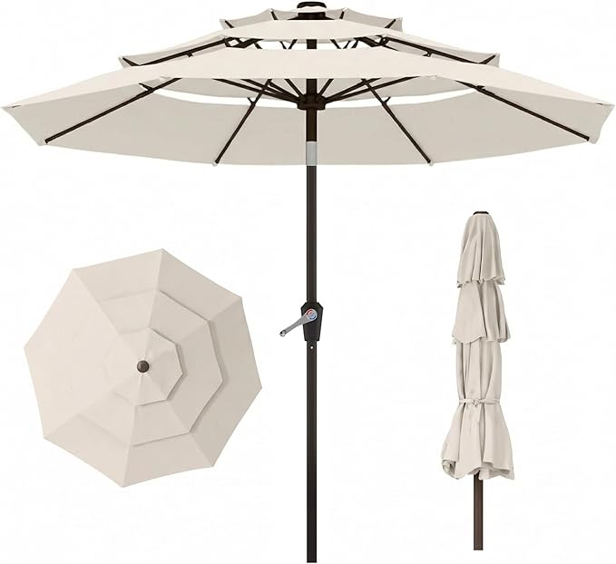 10ft 3 Tier Patio Umbrella, Outdoor Market Table Umbrella with UPF 50+ Vented Canopy, 8 Sturdy Ribs, Easy Push Button Tilt and Crank, Windproof for Deck, Pool, Backyard and Garden