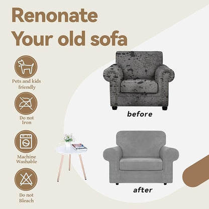 WEERRW Velvet Stretch 2 Pieces Chair Sofa Slipcovers Washable, Silver Grey | Armchair Slipcovers Luxury Soft Velvet Plush Furniture Protector Couch Cover with Elastic Bottom for Kids Pets, Small