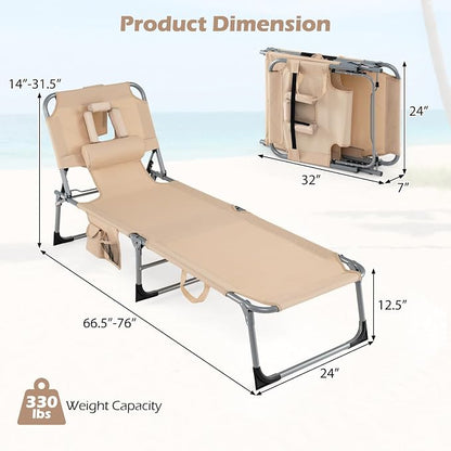 GYMAX Tanning Chair with Face Hole, Sun Bathing Lounge Chairs for Outside with Side Pocket, Folding Portable Face Down Layout Tanning Chair Beach, Backyard, Poolside, Lawn (Sand,1)