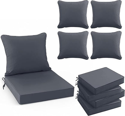 Summsun Outdoor Cushions for Patio Furniture, 22 x 22 in, Dark Grey, 4 Sets | Double-Sided Water Resistant, Removable Cover, Back Pillow & Seat Cushion, Tie Straps, Fit for Patio, Garden, Sofa Couch