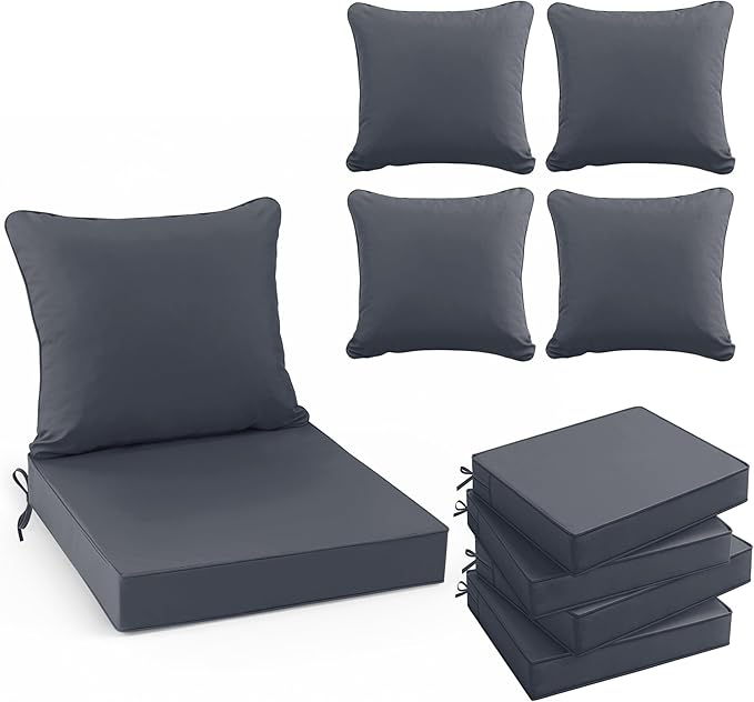 Summsun Outdoor Chair Cushion 19 x 19 Inch, Dark Grey, Set of 4 | Double-Sided Water Resistant, Removable Cover, Back Pillow & Seat Cushion, Tie Straps, Fit for Patio, Garden, Sofa Couch