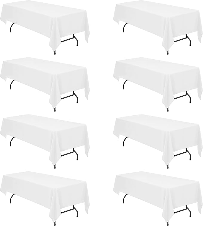 BRILLMAX 8 Pack White Tablecloths 60x126 Inch for 8ft Rectangle Tables | 150 GSM Polyester Fabric, 15" Standard Drop, Water, Stain & Wrinkle Resistant Cloth Cover for Wedding Reception Banquet Party