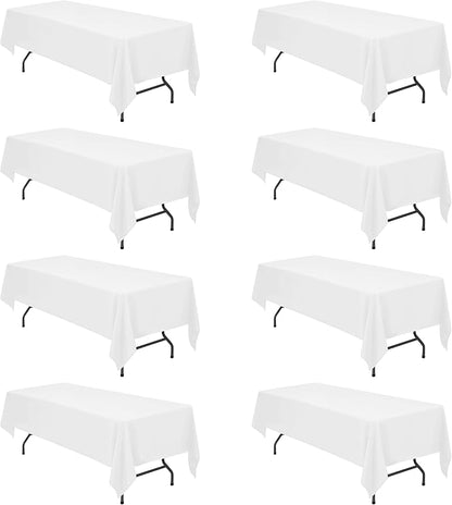 BRILLMAX 8 Pack White Tablecloths 60x126 Inch for 8ft Rectangle Tables | 150 GSM Polyester Fabric, 15" Standard Drop, Water, Stain & Wrinkle Resistant Cloth Cover for Wedding Reception Banquet Party