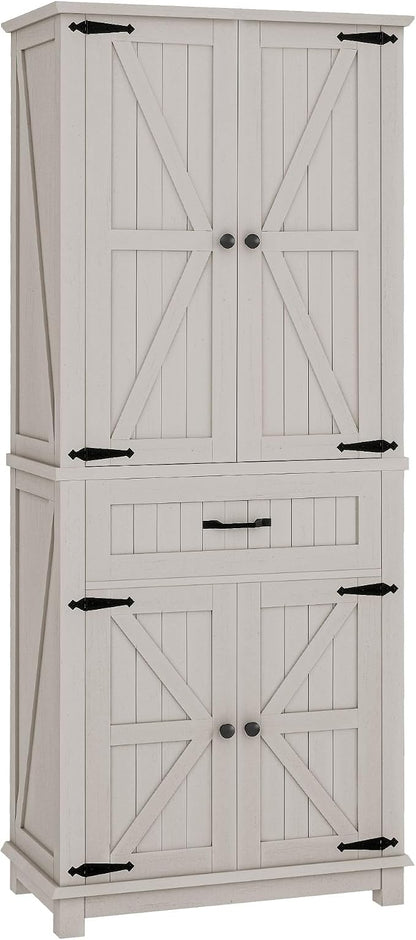 DWVO 72" Tall Farmhouse Pantry Cabinet, Kitchen Storage Pantry with Barn Doors & Drawer, Versatile Organizer with Adjustable Shelves, Rustic Cupboard for Dining Room, Living Room, White Oak | Tall Farmhouse Kitchen Pantry Cabinet, Kitchen Cupboard Vers...