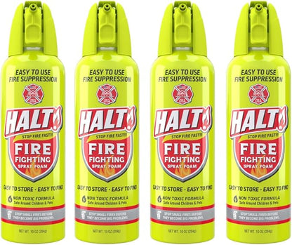 HALT! 10oz Fire Safety Spray – Non-Toxic, PFAS-Free Handheld Fire Suppressor – Easy to Use, Store & Find – Compact & Portable for Home, Kitchen, Car, BBQ, Camping & Tailgate – Made in USA (4pk)