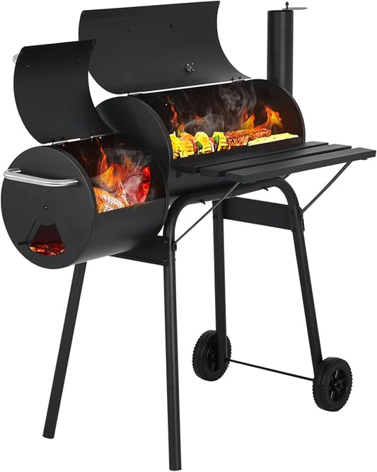 BLKMTY 43" Charcoal Grills Outdoor BBQ Grill with Offset Smoker Camping Portable Grill Camping Barbecue Grills with Side Fire Box for 6-10 People Patio Backyard Picnic BBQ, Black