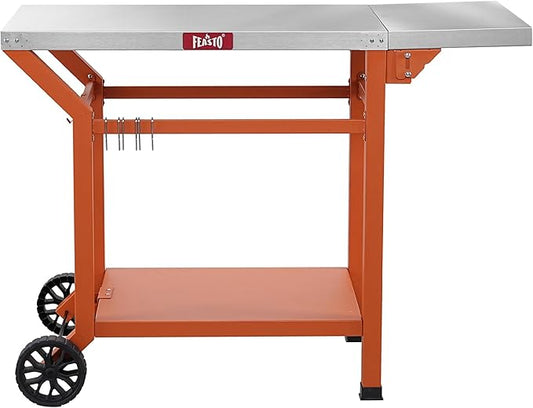 Feasto 43" Lx20 W Grill Table with Folding Side Table & Undershelf, Orange | Stainless Steel Tabletop, Foldable Side Shelf, Sturdy Undershelf, for Pizza Ovens, BBQ Grills, & Prep Work (Hooks Included)