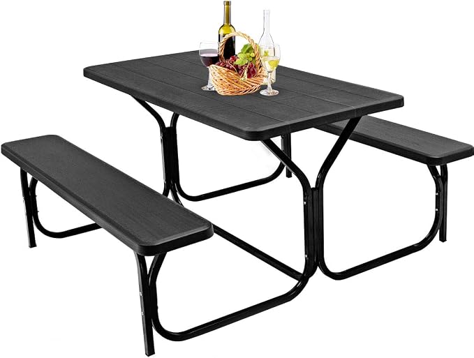 GYMAX Picnic Table, Picnic Bench Easy to Assemble w/All Weather Wood Grain Tabletop & Metal Frame, Picnic Tables for Outdoors Camping Backyard Deck Patio Poolside Dining Party
