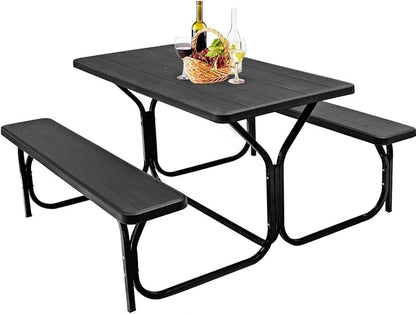 GYMAX Picnic Table, Picnic Bench Easy to Assemble w/All Weather Wood Grain Tabletop & Metal Frame, Picnic Tables for Outdoors Camping Backyard Deck Patio Poolside Dining Party