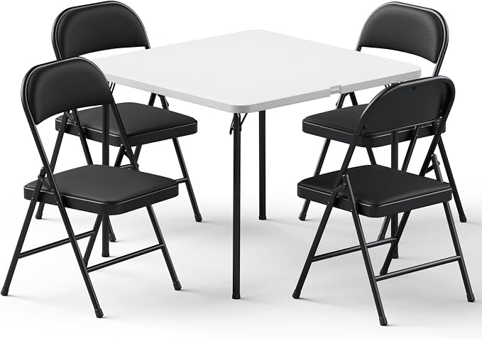 Folding Table and Chairs Set for 4, 36 Inch Foldable Card Table with Carrying Handle & 4 PU Leather Padded Folding Chairs, Portable Indoor Outdoor Dining Table Set for Picnic, Camping, RV, Game Night