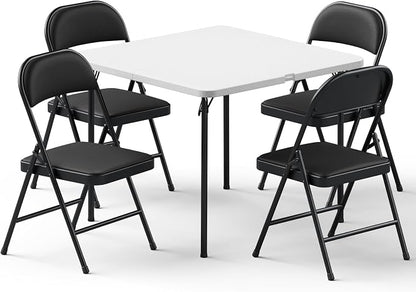 Folding Table and Chairs Set for 4, 36 Inch Foldable Card Table with Carrying Handle & 4 PU Leather Padded Folding Chairs, Portable Indoor Outdoor Dining Table Set for Picnic, Camping, RV, Game Night