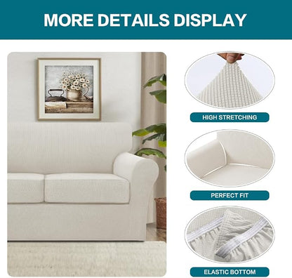 Turquoize 4 Piece Sofa Covers for 3 Cushion Couch Sofa Slipcover Soft Couch Cover for Dogs-Washable Sofa Furniture Covers with 3 Individual Large Cushion Covers (XL Sofa, Cream)