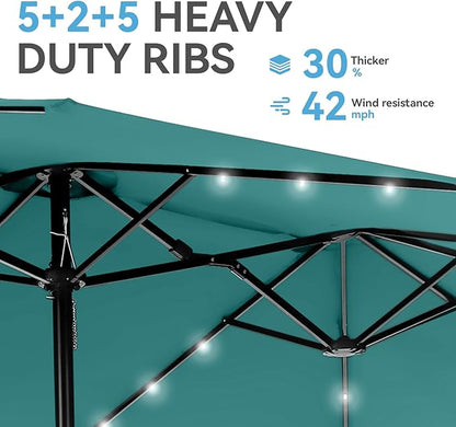 GREEN PARTY 15 ft Large Outdoor Patio Umbrella with Solar Led Lights & Base Included, Double-Sided Rectangular Table Umbrella with Stand, Market Umbrellas for Deck Poolside Garden Backyard, Turquoise