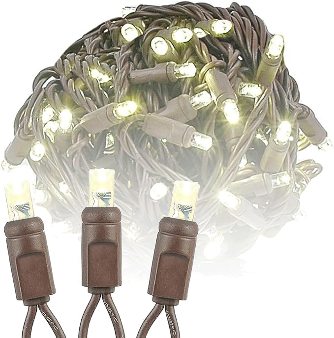 Novelty Lights 50ft Warm White Christmas String Lights, Brown Wire | UL Listed IP55 Commercial Grade Xmas Lights for Outdoor & Indoor, 100 LED, 6" Spacing, Dimmable, Connectable, Flicker Free