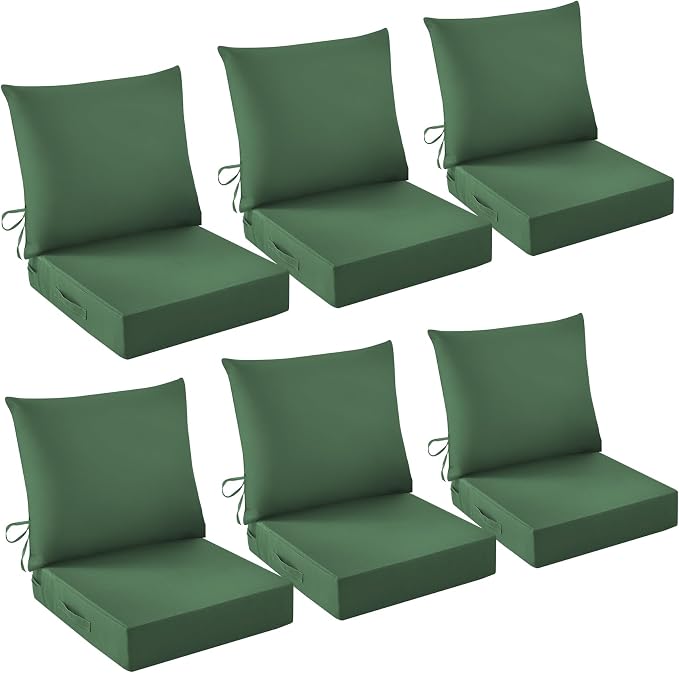 Outdoor Chair Cushions, 24 x 24 Inch Outdoor Cushion for Patio Furniture, Patio Chair Cushion, Waterproof & Fade Resistant Deep Patio Furniture Cushion Set with Handle and Ties, ForestGreen (Set of 6)