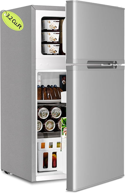 Kismile 3.2 Cu.Ft Mini Fridge with Freezer, 2 Door Dorm Refrigerator Grey | Adjustable Thermostat, Removable Shelves, Food & Beverage Storage, Dorm Mini Fridge for Bedroom/ Office/ College/ Apartment