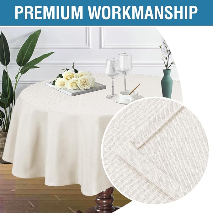 H.VERSAILTEX Linen Textured Table Cloths Round 60 Inch Premium Solid Tablecloth Spill-Proof Waterproof Table Cover for Dining Buffet Feature Extra Soft and Thick Fabric Wrinkle Free, Beige