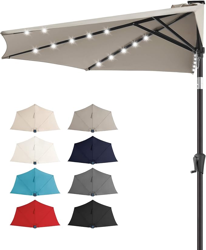 FLAME&SHADE 9 FT Solar Half Patio Umbrella with 25 LED Lights, Half Outdoor Umbrella with Button Tilt, Half Round Table Umbrella For Deck, Backyard, Balconies, Decks, Rvs, UV Protection (Taupe)