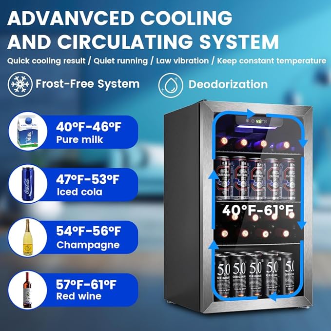 Electactic Mini Fridge 130 Can Beverage Refrigerator Cooler, 3.1 Cu.Ft Drink Fridge Silver Glass Door for Soda Wine Beer, Digital Temperature Control Cooler for Home,Bar