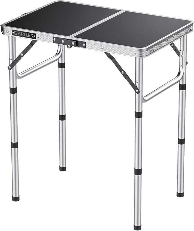 GARLLEN 2ft Folding Camping Table Max Capacity 66lbs, 3-Height Adjustable Picnic Table with MDF Tabletop, Lightweight Aluminum Folding Outdoor Tables for Grill, Travel, Picnic, 22.8" L x 15.7" W