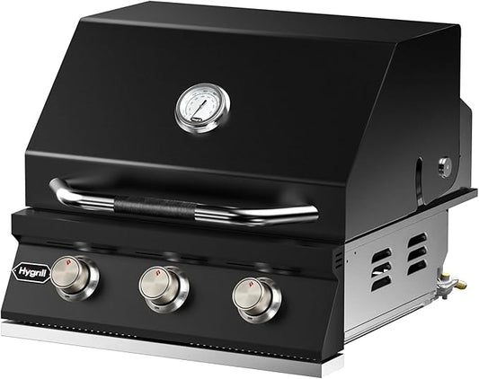 Hygrill STD Series Heavy Duty 3-Burner Built In Grill for Natural Gas, Stainless Steel Outdoor Kitchen Grill Head, Black