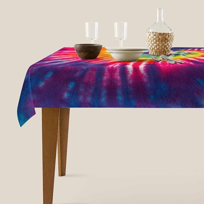 TKS MITLAN Colorful Tie Dye Tablecloth 52 x 70 Inch Rectangular Rainbow Swirl Bright Colors Spiral Fashion Oblong Table Cloth Kitchen Table Decorations for Home Dinner Party
