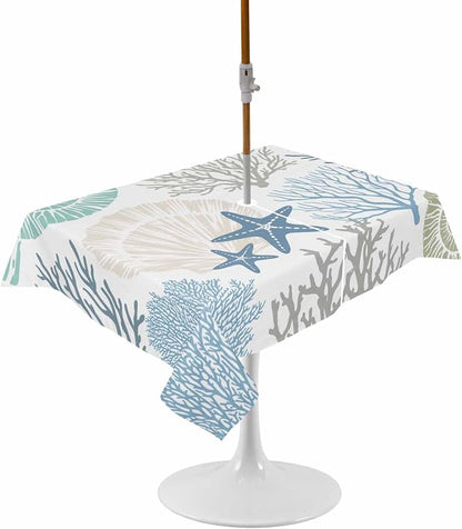 Coastal Outdoor Tablecloth - 60x84 Inch Rectangle Dining Table Cover, Blue Teal Coral Summer Beach Ocean Starfish Waterproof Outdoor Table Cloth with Umbrella Hole & Zipper for Picnic/Patio/Party
