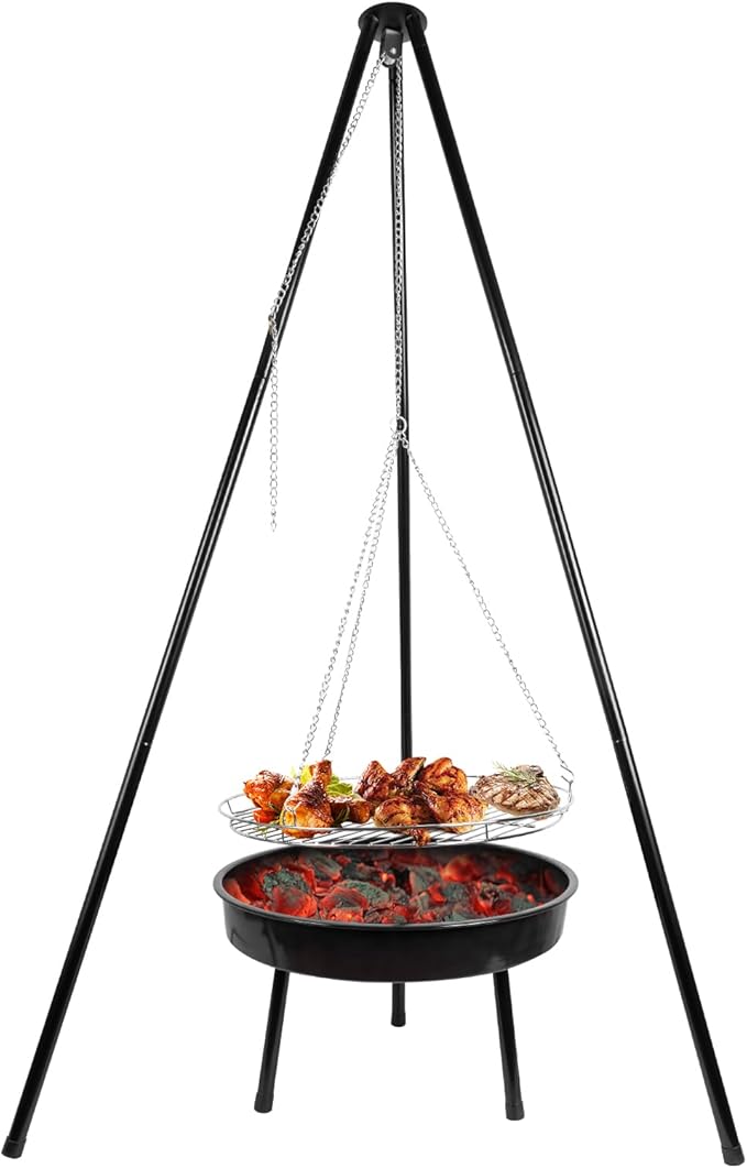 campfire grill, campfire tripod with a barbecue basin, suitable for outdoor travel and gatherings (chain)