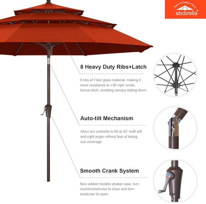 ABCCANOPY 9FT 3-Tier OLEFIN® Patio Umbrella, 5-Year No Fading, Orange | Heavy Duty Fade-Resistance Outdoor Table Umbrella, 8 Sturdy Ribs, Tilt, Crank for Deck, Backyard, Garden, Yard, Pool