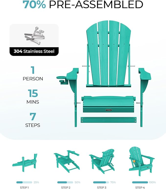 Ciokea Folding Adirondack Chair Wood Texture, Patio Adirondack Chair Weather Resistant, Plastic Fire Pit Chair with Cup Holder, Lawn Chair for Outdoor Porch Garden Backyard Deck (Lake Blue, 2Pack)
