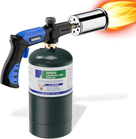 Sondiko Powerful Grill & Cooking Propane Torch L8010, Sous Vide, Campfire Starter, Adjustable Wood Torch Burner for Searing Steak, BBQ, Welding(Blue & Black) Propane Tank Not Included