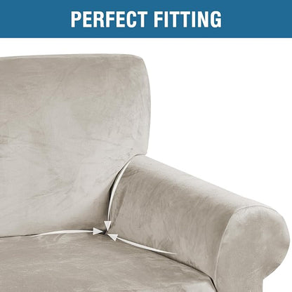 H.VERSAILTEX Stretch Velvet Loveseat Covers for 2 Cushion Couch Covers for Living Room Sofa Covers Slipcovers with Non Slip Straps Bottom, Ultra Thick Comfy Velour (Width 58"-72", Oatmeal)