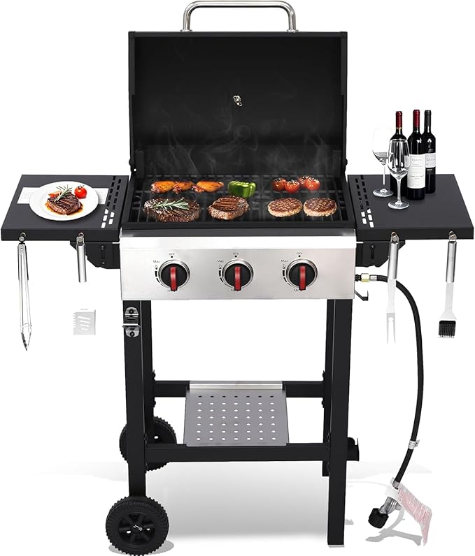 Propane Gas Grill, 3 Burner BBQ Grill with Folding Side Tables, 30,000 BTU Outdoor Grill with Wheels, 252 sq.in Cooking Area, Cast Iron Grates + Stainless Steel Griddle