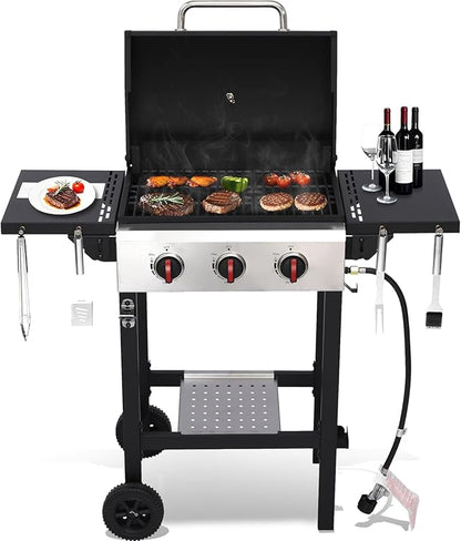 Propane Gas Grill, 3 Burner BBQ Grill with Folding Side Tables, 30,000 BTU Outdoor Grill with Wheels, 252 sq.in Cooking Area, Cast Iron Grates + Stainless Steel Griddle