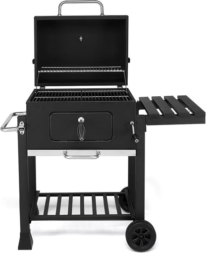 Heavy Duty Charcoal Grill BBQ Smoker with Height Adjustable Charcoal Pan, 45-Inch Barbecue Grill with Foldable Side Table, Warming Rack, Wheels & Bottle Opener for Outdoor Patio, Backyard, Black