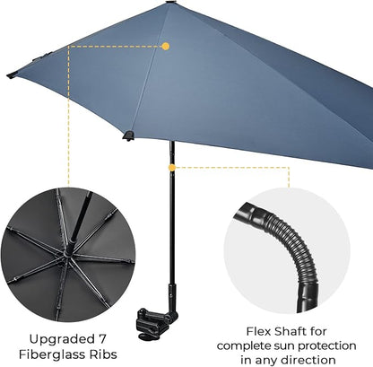 G4Free Beach Chair Umbrella with Universal Clamp UPF 50+ Golf Cart Umbrella | 46"x44" Large Canopy Sun Umbrella UV Protection, Adjustable Clamp for Beach Chair/Wheelchair/Stroller, 360° Flex Shaft, 7 Rib