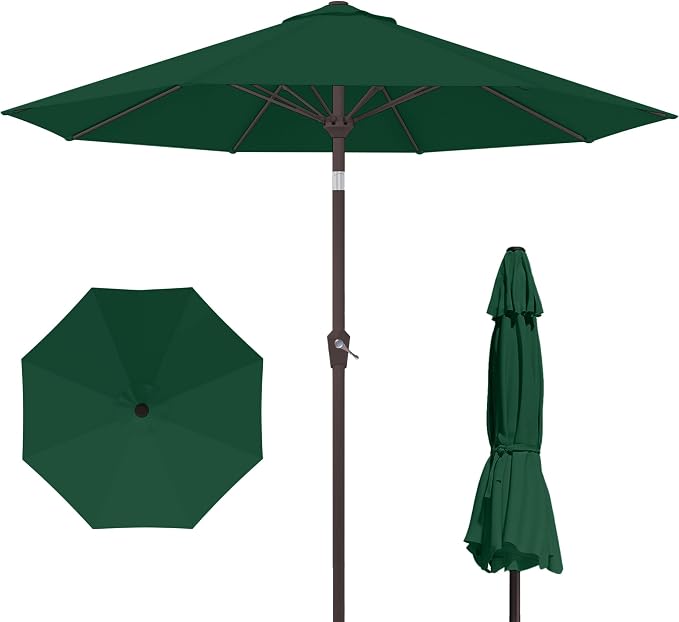Kingdura 9FT Outdoor Patio Umbrella, Round Market Table Umbrella with Push‑Button Tilt and Crank Lift, 8 Sturdy Metal Ribs, UV50+ Protection Canopy for Backyard, Lawn, Deck, Poolside, Garden (Dark green)