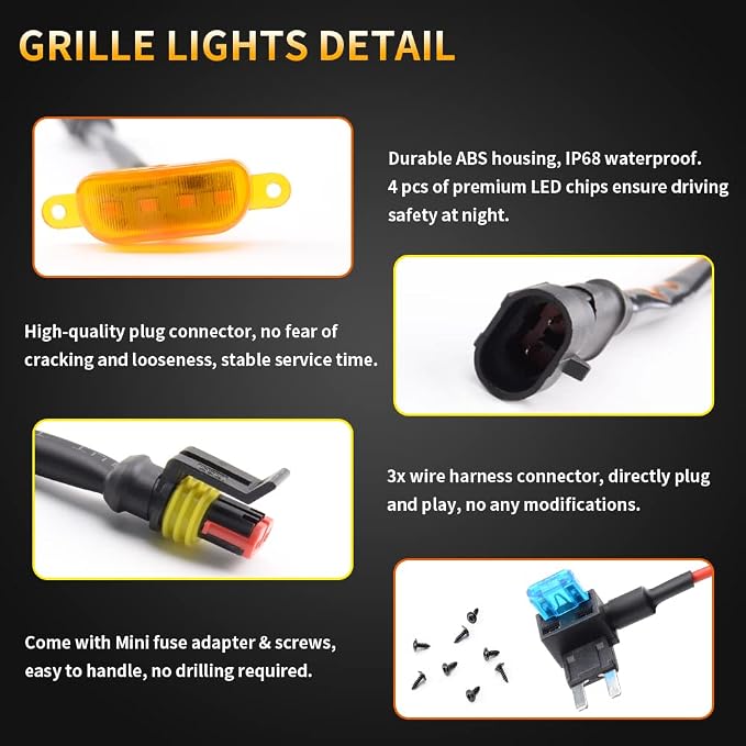 AUXLIGHT Car Accessories, 3PCS LED Grille Lights with Fuse & Wire, Compatible with 2004-2019 for-d F150 Raptor Style Aftermarket Grill, 2013-2018 R-am 1500 Raptor Style Aftermarket Grill (Amber)