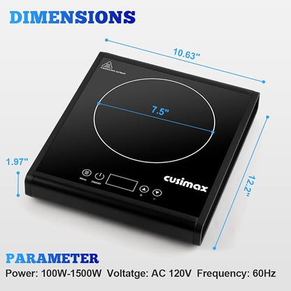 CUSIMAX Hot Plate 1500W Infrared Burner with Touch Panel, LED Display, Adjustable Power and Time 2h, Portable Electric Stove Crystal Glass Countertop Burner, Compatible with All Cookware