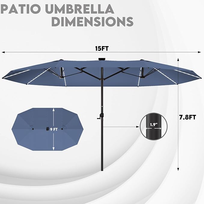 GDPFN 15ft Large Patio Umbrella with Solar Lights, Outdoor Double-Side Rectangular Umbrella, Backyard Pool Umbrella with LED Light for Deck, Outside, Market, Navy (Base Not Include)