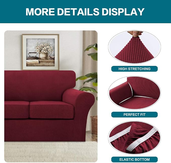 Turquoize 3 Piece Sofa Covers for 2 Cushion Couch Sofa Slipcover Soft Couch Cover for Dogs-Washable Sofa Furniture Covers with 2 Individual Cushion Covers (2 Cushion Sofa, Burgundy)