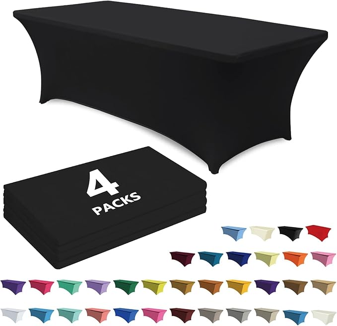 ABCCANOPY 4-Pack 6FT Spandex Table Covers, Stretch Fitted Tablecloth, Black | Rectangular Tight, Fitted, Washable and Wrinkle Resistant Table Protector for Wedding, Banquet,Birthday, Party, Event