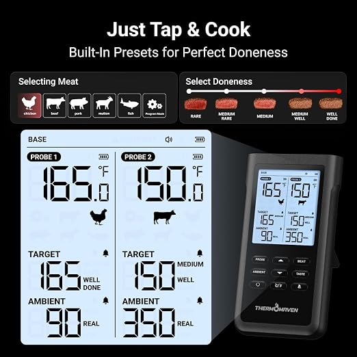 ThermoMaven Sub-1G Wireless Meat Thermometer, No App Needed, 2 Probes | 3000FT Long Range, Digital Smart Base, 6 Sensor NIST Accuracy, IPX8, BBQ Smoker Grill Oven Brisket Steak Turkey Pork Roast