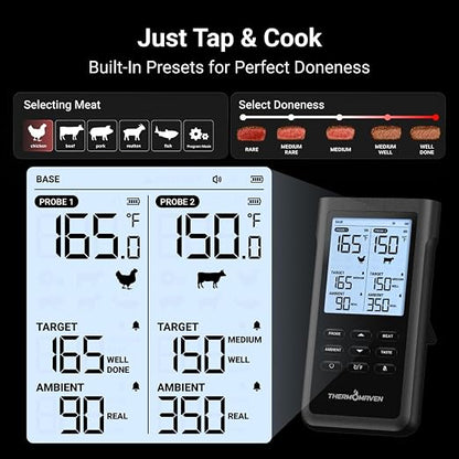 ThermoMaven Sub-1G Wireless Meat Thermometer, No App Needed, 2 Probes | 3000FT Long Range, Digital Smart Base, 6 Sensor NIST Accuracy, IPX8, BBQ Smoker Grill Oven Brisket Steak Turkey Pork Roast
