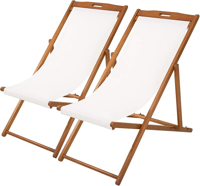 FDW Beach Sling Patio Chair for Relaxing, Foldable with Adjustable Height Made from Eucalyptus Wood with White Polyester,Khaki