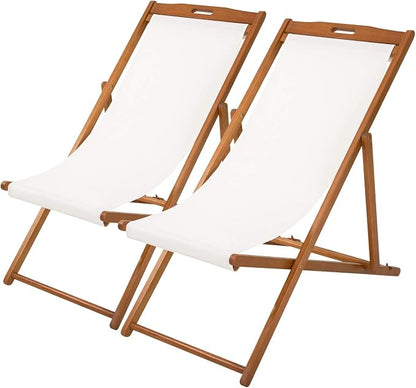 FDW Beach Sling Patio Chair for Relaxing, Foldable with Adjustable Height Made from Eucalyptus Wood with White Polyester,Khaki